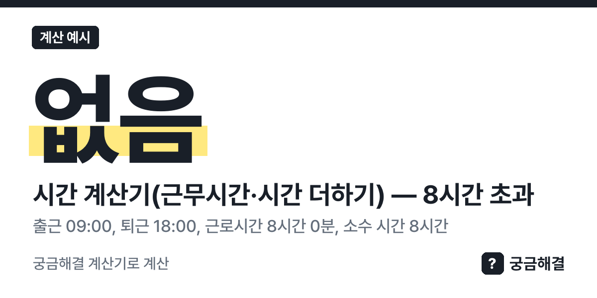 계산 예시: 출근 09:00, 퇴근 18:00, 근로시간 8시간 0분, 소수 시간 8시간, 8시간 초과 없음 (이 쪽 계산기로 계산한 값)